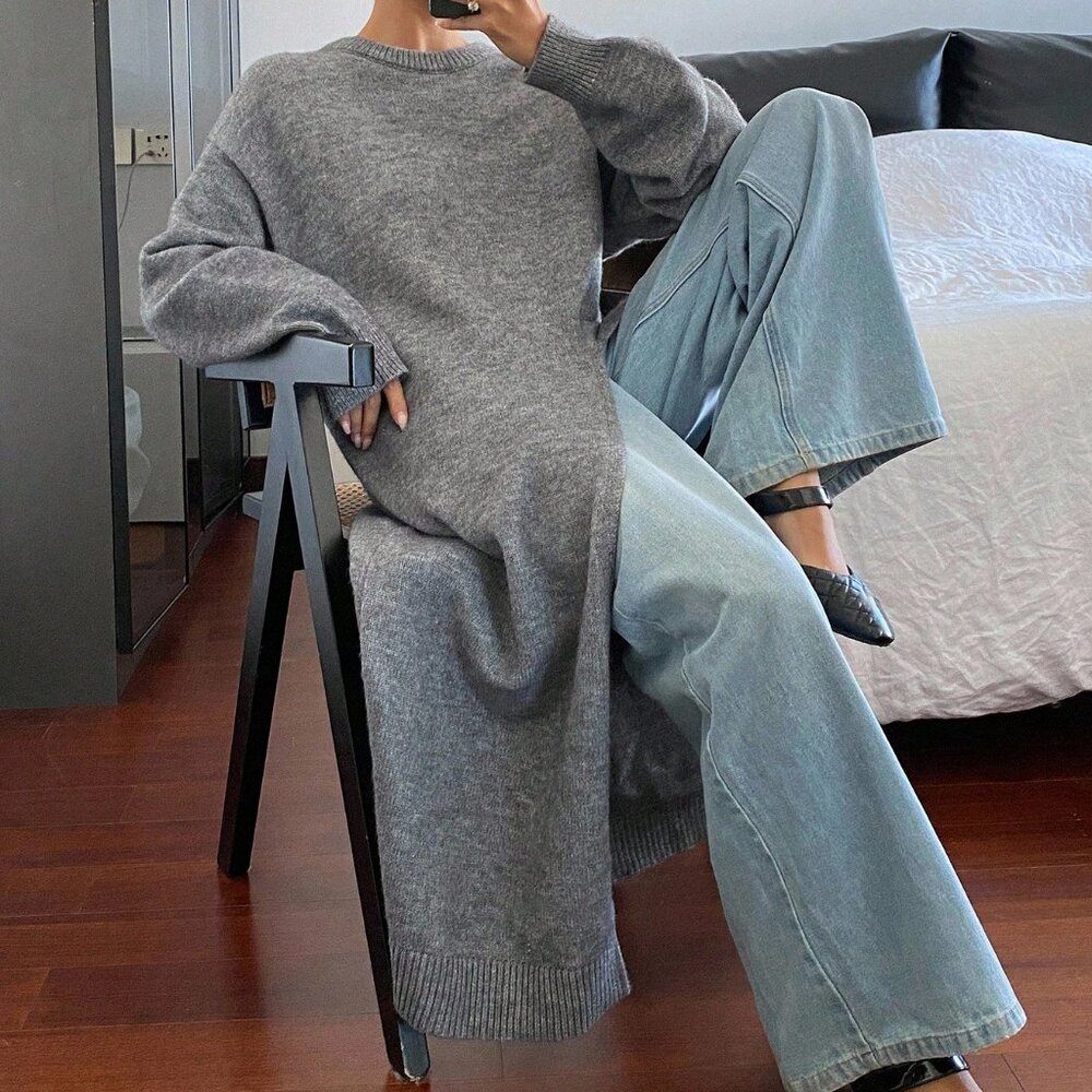 Grey Women's Casual Split Hem Knit Sweater Top